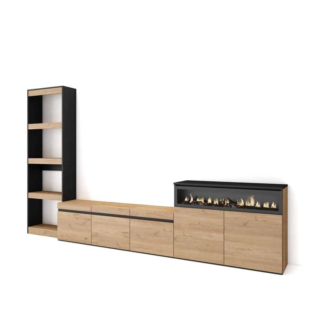 Mobile TV, Soggiorno, 310x35x186cm, Per TV fino a 65", Camino elettrico, colore Rovere e nero RF3154