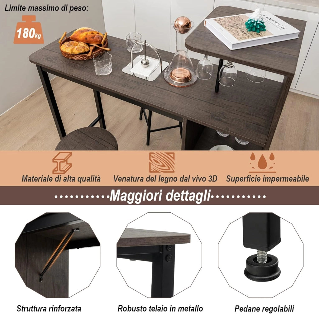 Set 3 Pezzi Tavolo e Sedie da Bar, Tavolo e Sgabelli da Pub Industriale con Porta Calici e 6 Portabottiglie da Vino, Set di Tavolo per Sala da Pranzo, Ristorante e Bar (Marrone)