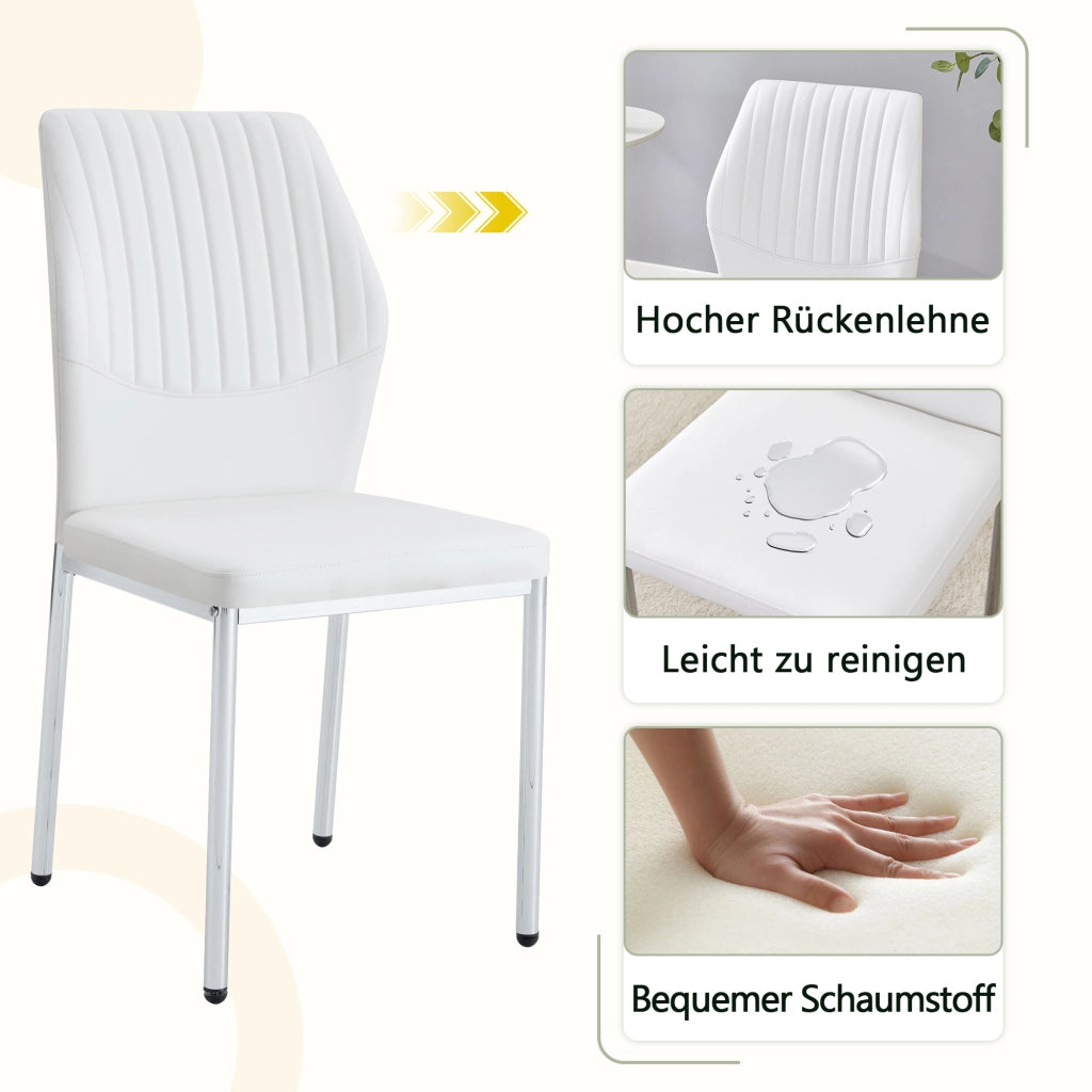 Chaise da sala da pranzo in pu con schienale a coste e gambe in metallo, set da 4, bianco argento per soggiorno