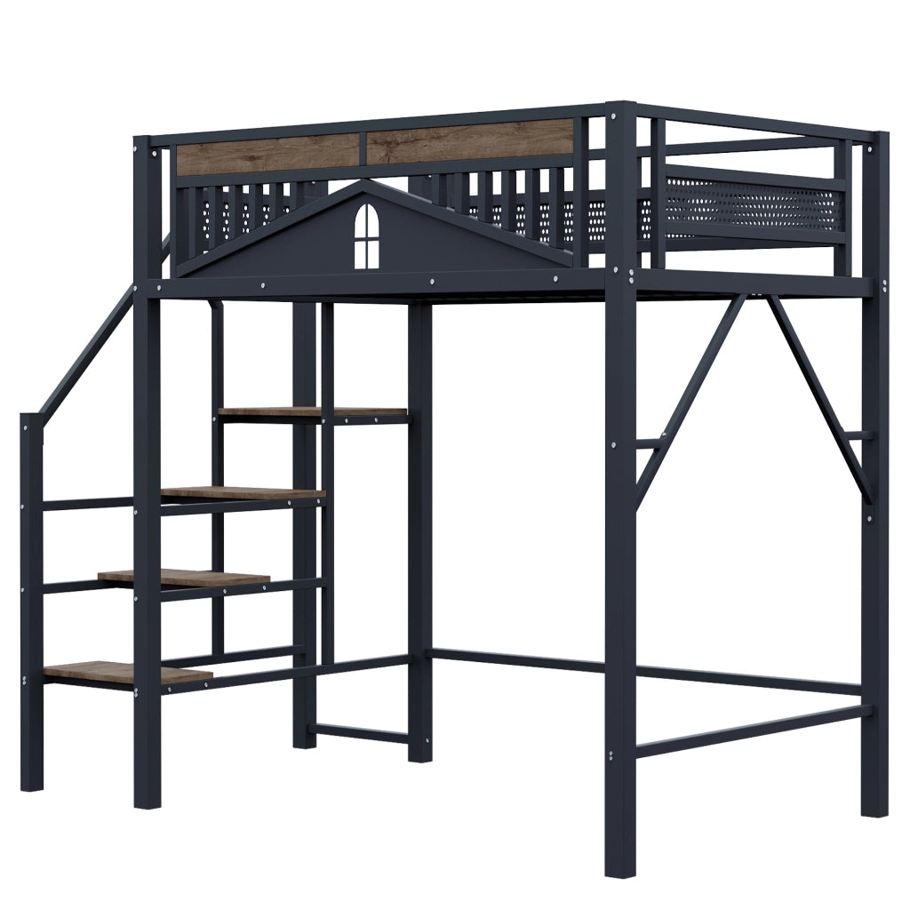 Letto a soppalco matrimoniale con scala sicura; spazio contenitore e barriera; 140×200 cm; senza materasso