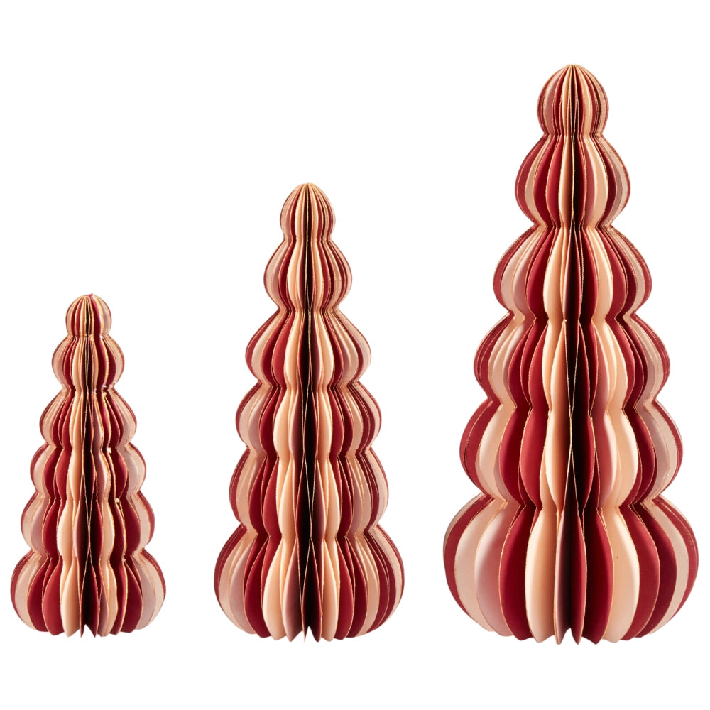 Set di 3 statuette a forma di Alberi di Natale in carta a nido d'ape beige e rosso decorazioni natalizie
