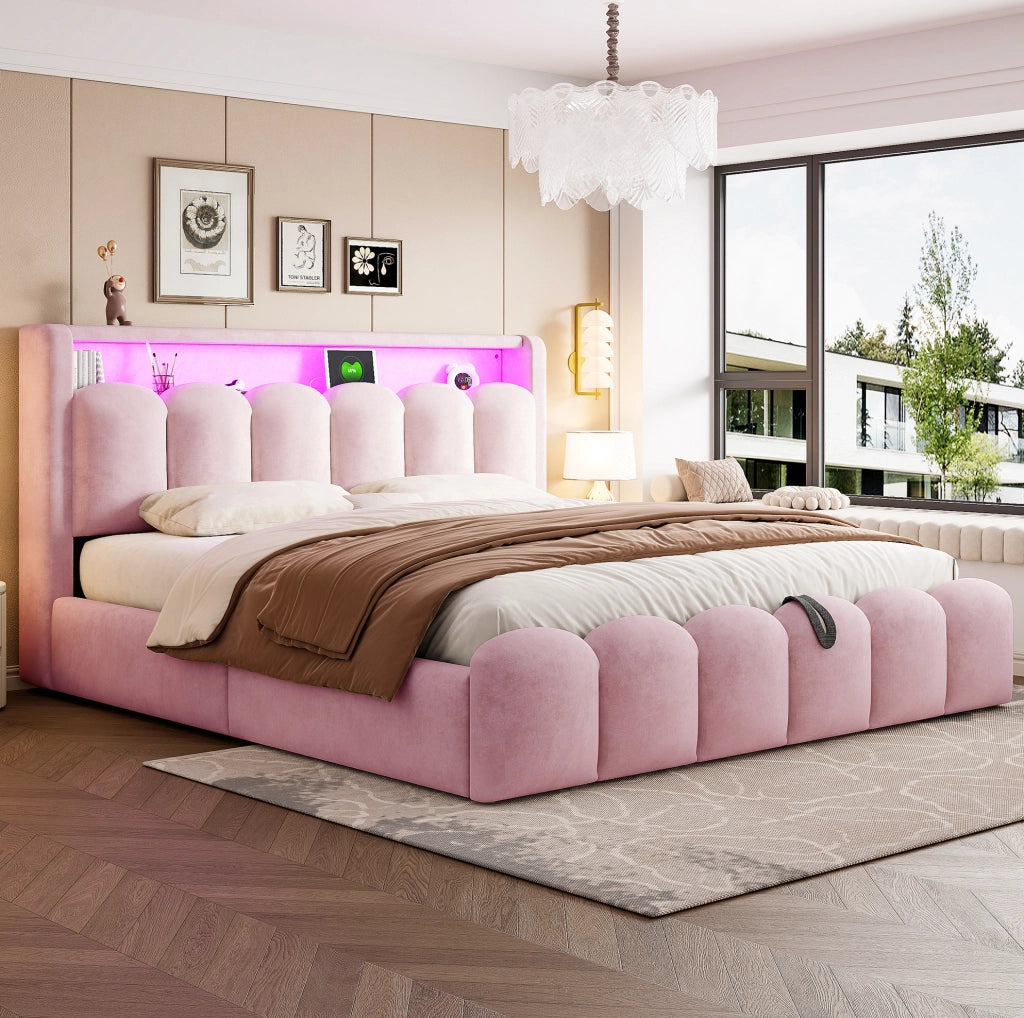 Letto matrimoniale imbottito con contenitore 180x200 cm; USB e Type-C; LED; velluto rosa