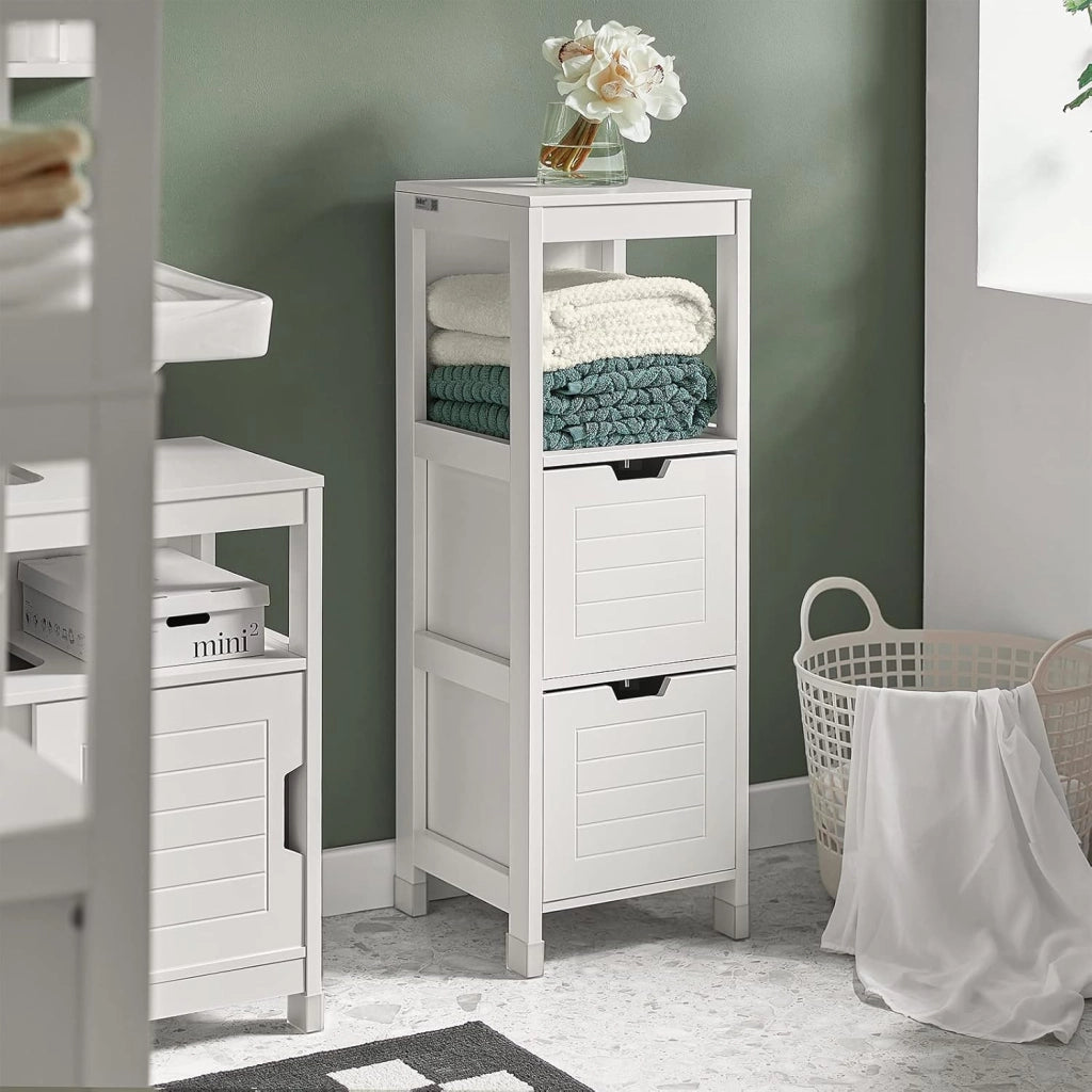 Mobile Bagno Cassettiera – Mobiletto Stretto con 2 Cestini – Armadietto Salvaspazio per Piccoli Bagni e WC, Mobiletto Bagno in Legno, Bianco, 30x89x30 cm, FRG127-W