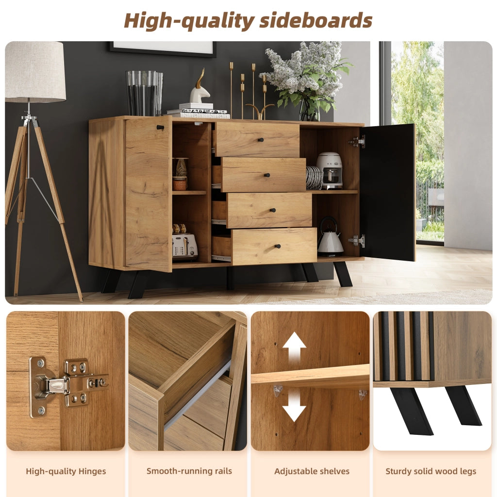 Credenza con 2 vani e 4 cassetti - per soggiorno - in MDF - 120×38×75 cm - nero e legno