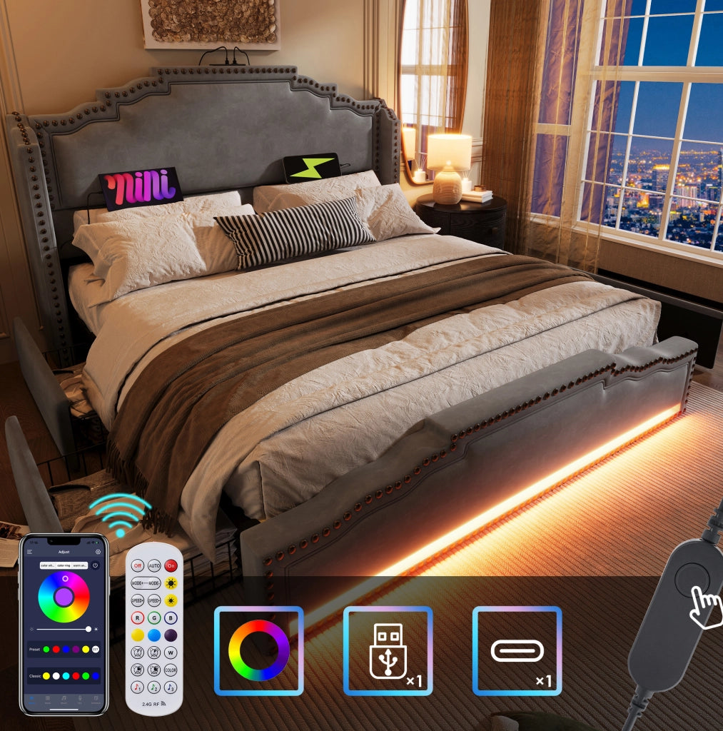 Letto matrimoniale 140x200 cm in velluto grigio con LED; USB Type-C e 4 cassetti; con materasso
