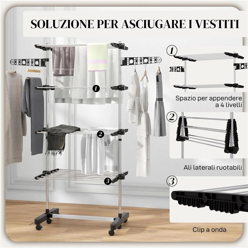 STENDINO VERTICALE CON 4 RIPIANI REGOLABILI, IN ACCIAIO E PLASTICA, 142X55X172 CM, NERO E ARGENTO