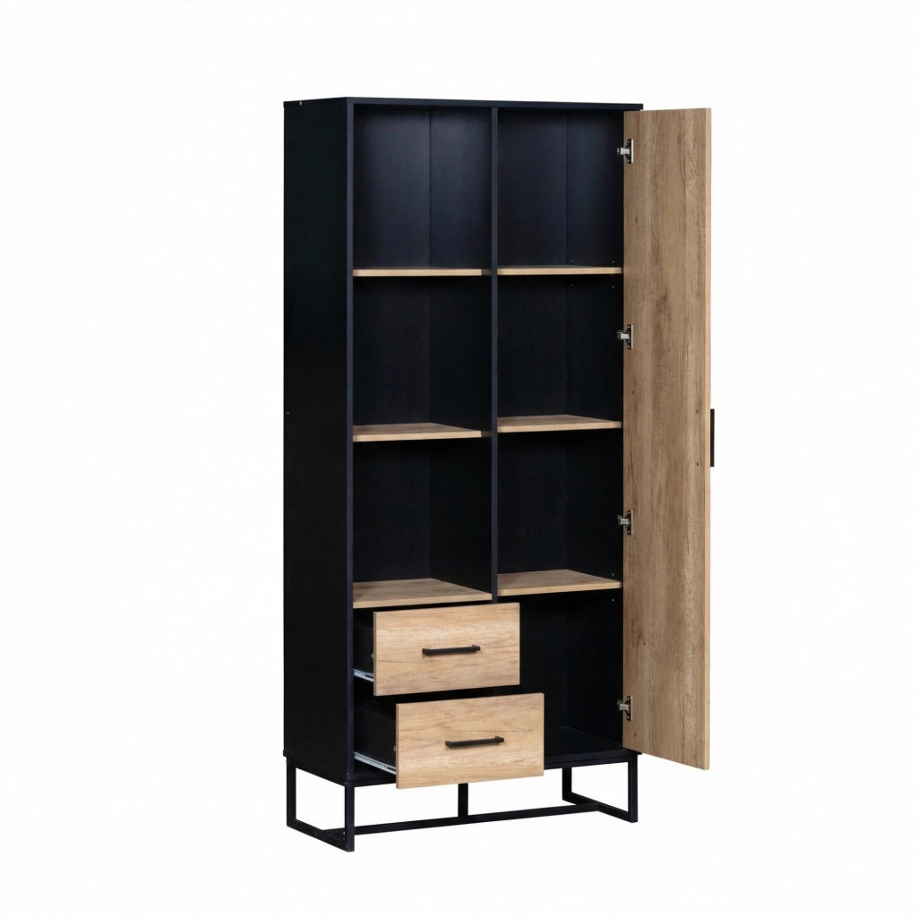 Credenza alta con 1 anta; 2 cassetti e 3 vani aperti per soggiorno; ufficio e ingresso; in MDF; nero e legno; 80 × 40 × 180 cm