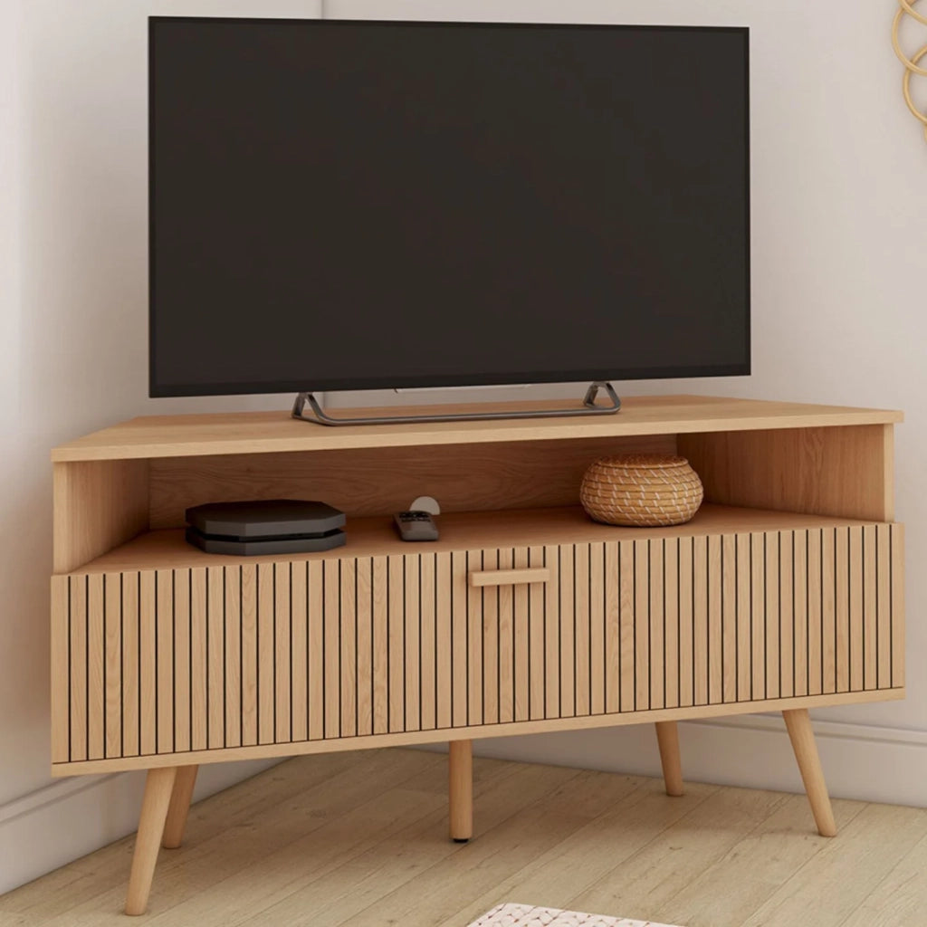 IDMarket - Mobile TV angolare JULIETTE 110 cm con 1 anta a doghe effetto rovere
