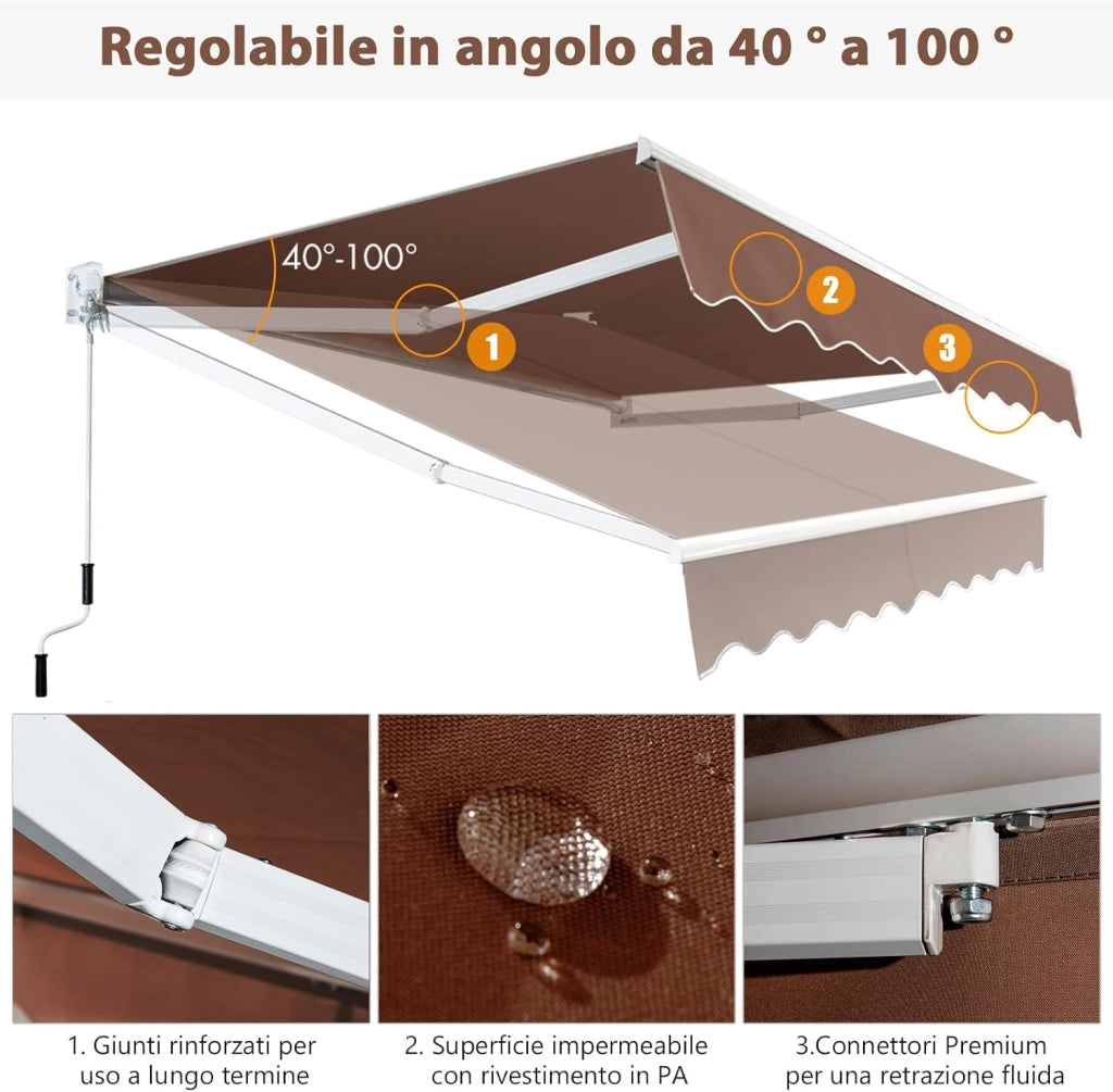 Tenda da Sole per Esterno Avvolgibile, Tenda da Sole a Bracci Estensibili con Telaio in Alluminio e Tettuccio Resistente al Sole e Impermeabile e Manovella (245 x 200 cm,Marrone)