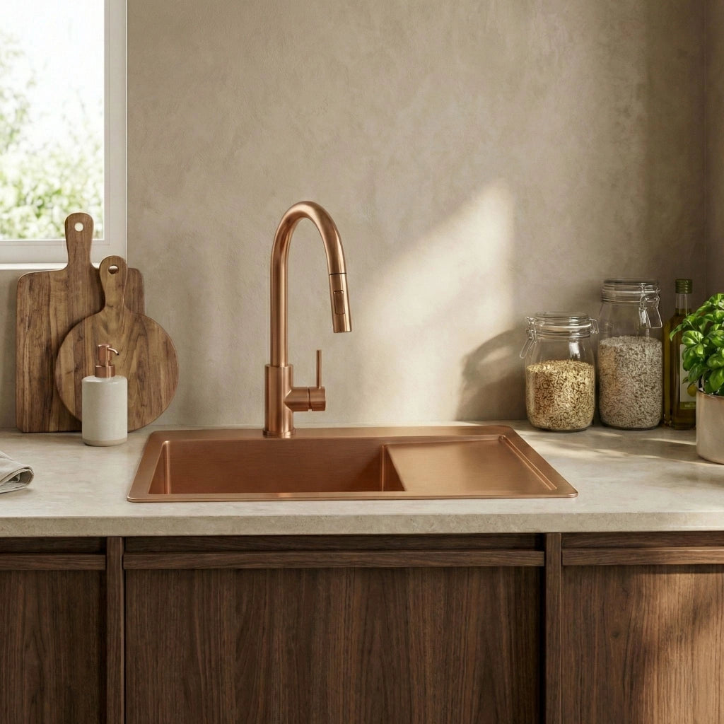 Lavello In Acciaio Fin Brush Copper con rubinetto da cucina