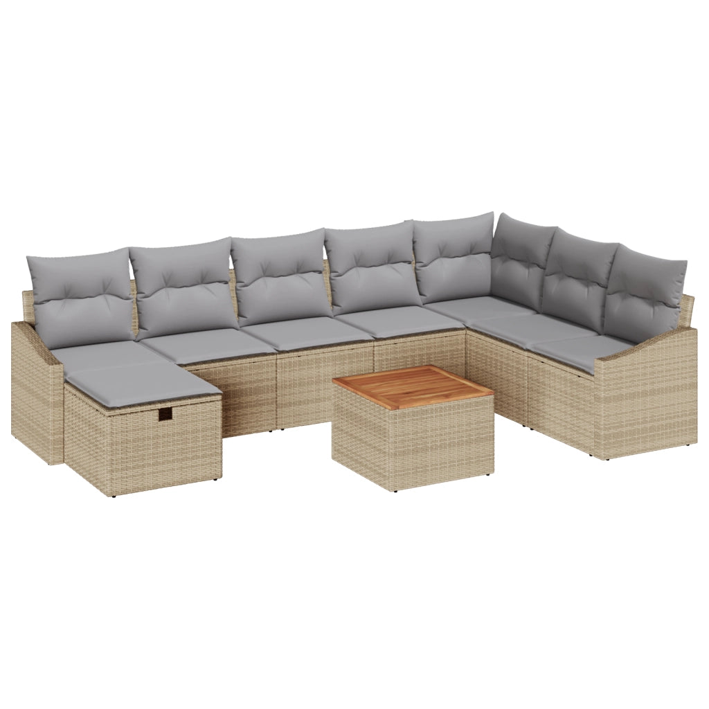 Set da Giardino 9 Pezzi con Cuscini in Rattan Poliestere Beige