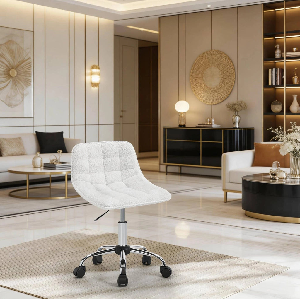 Sgabello da ufficio girevole in ciniglia bianco regolabile con ruote