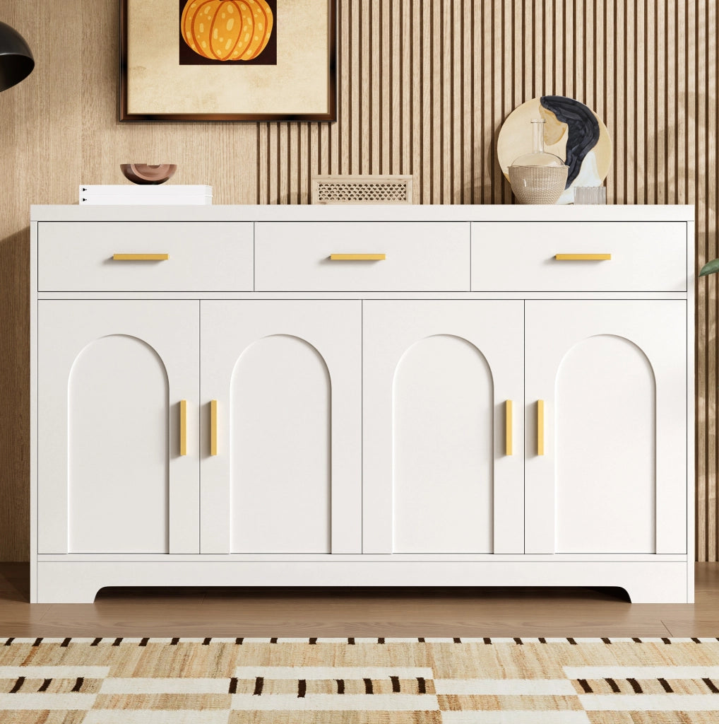 Sideboard bianco 140 cm con 4 ante ad arco; 3 cassetti; ripiani regolabili; MDF