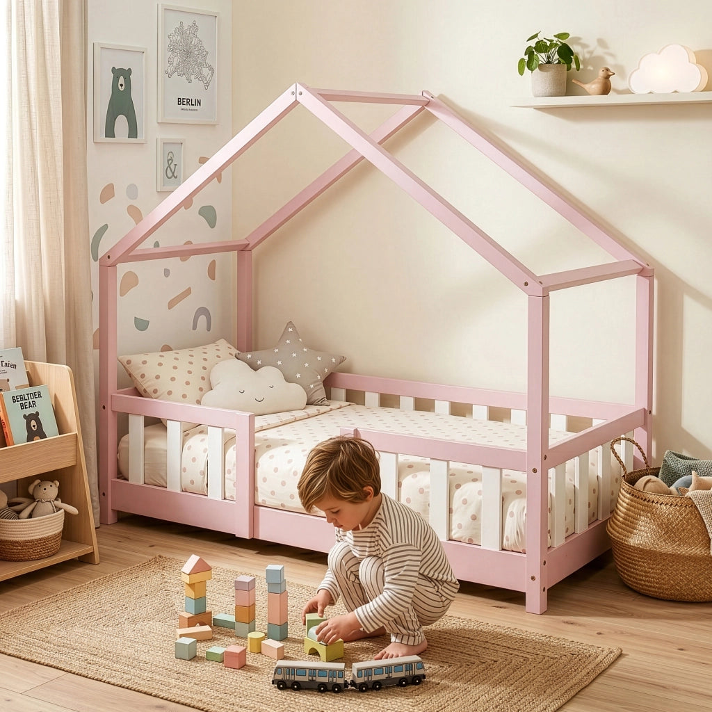 Letto per Cameretta Treviolo a Forma di Casetta in Stile Montessori 70x140 cm Rosa/Bianco [en.casa]