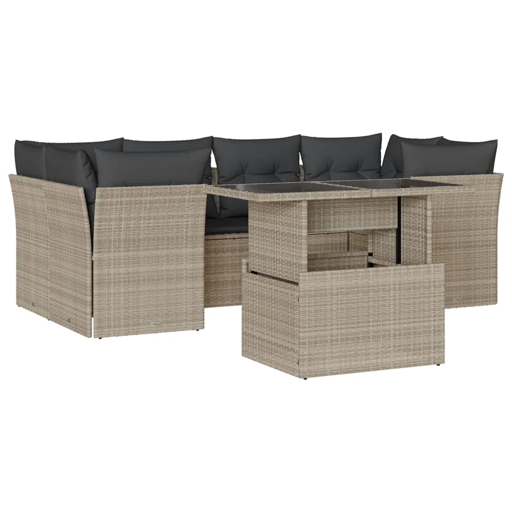 Set Divani da Giardino 7pz con Cuscini Grigio Chiaro Polyrattan