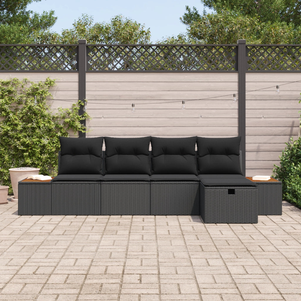 Set di Divani da Giardino 5 Pezzi con Cuscini Nero Polyrattan