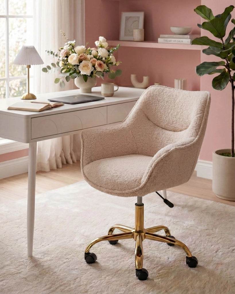 Sedia girevole da ufficio in bouclé beige, regolabile in altezza, per l'ufficio domestico