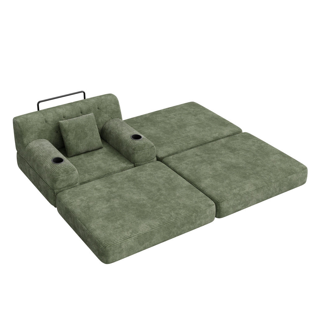 Divano letto 1 posto con schienale alto; tasche laterali e porta bicchieri in corda verde