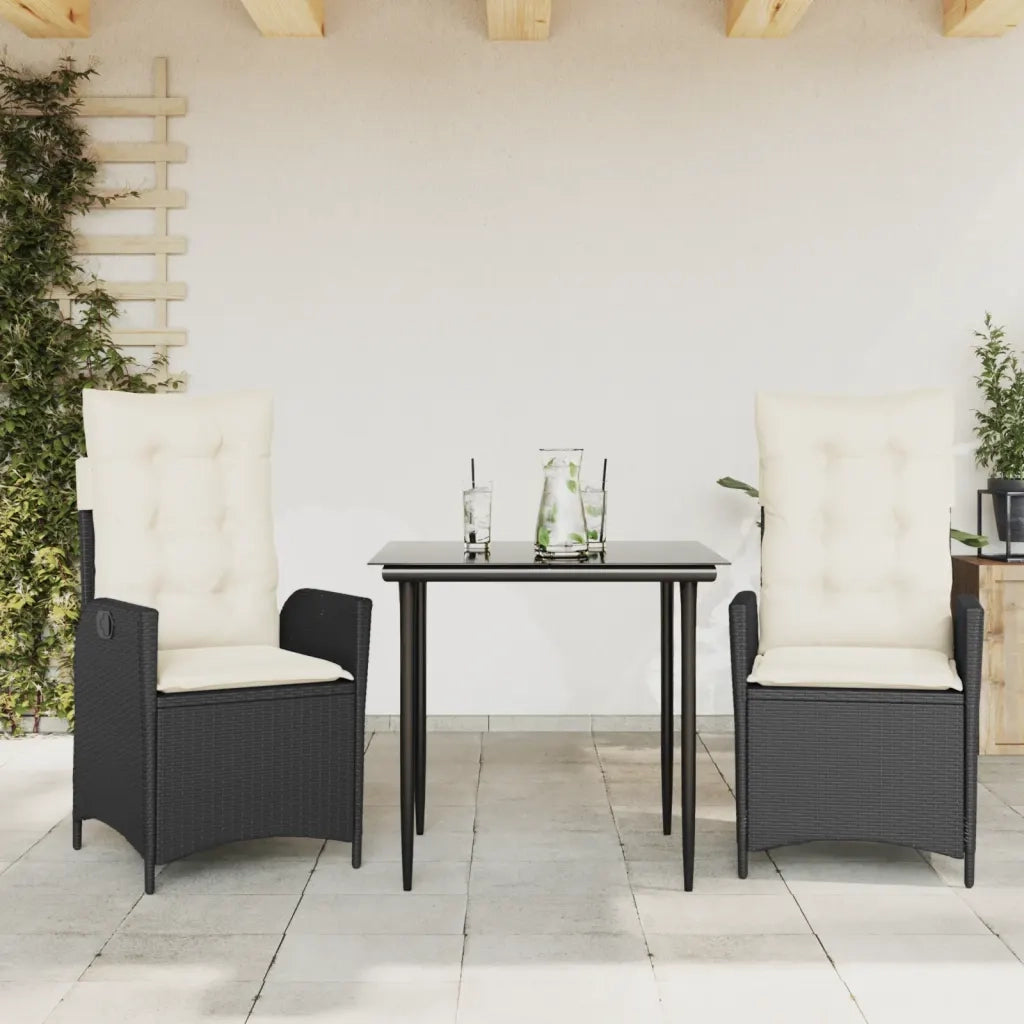 Set da Pranzo da Giardino 3 pz | Set Salotto da Giardino con Cuscini Nero in Polyrattan