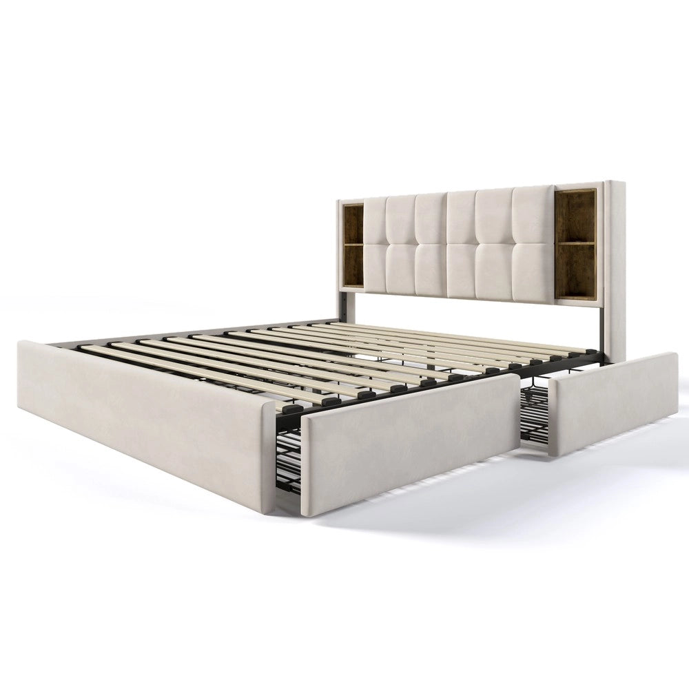 Letto Matrimoniale Imbottito con Materasso ¨C MINIMAL ¨C 160x200 Velluto Beige, 4 Cassetti, Rete a Doghe