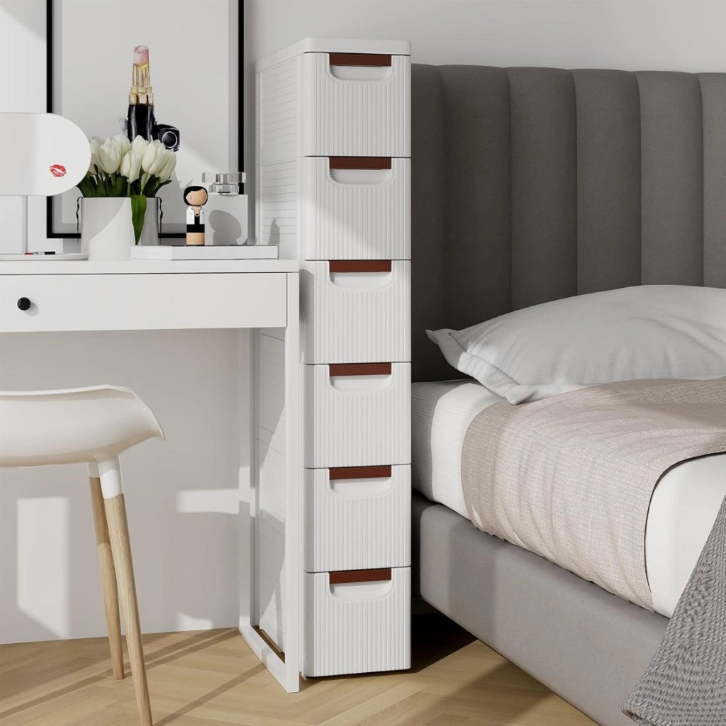Mobiletto stretto con ruote, Carrello e organizzatore slim con 6 cassetti per spazi piccoli Bianco