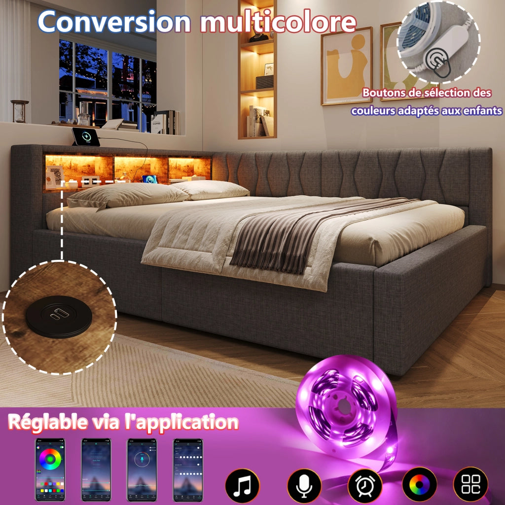 Letto contenitore 140x200 cm con sollevamento idraulico; LED dimmerabile; testiera con ripiano e USB; grigio