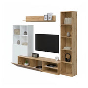 Parete attrezzata Argus, Set da soggiorno con ante e ripiani, Mobile salotto multiuso, 241x28h180 cm, Bianco e Rovere Nodi