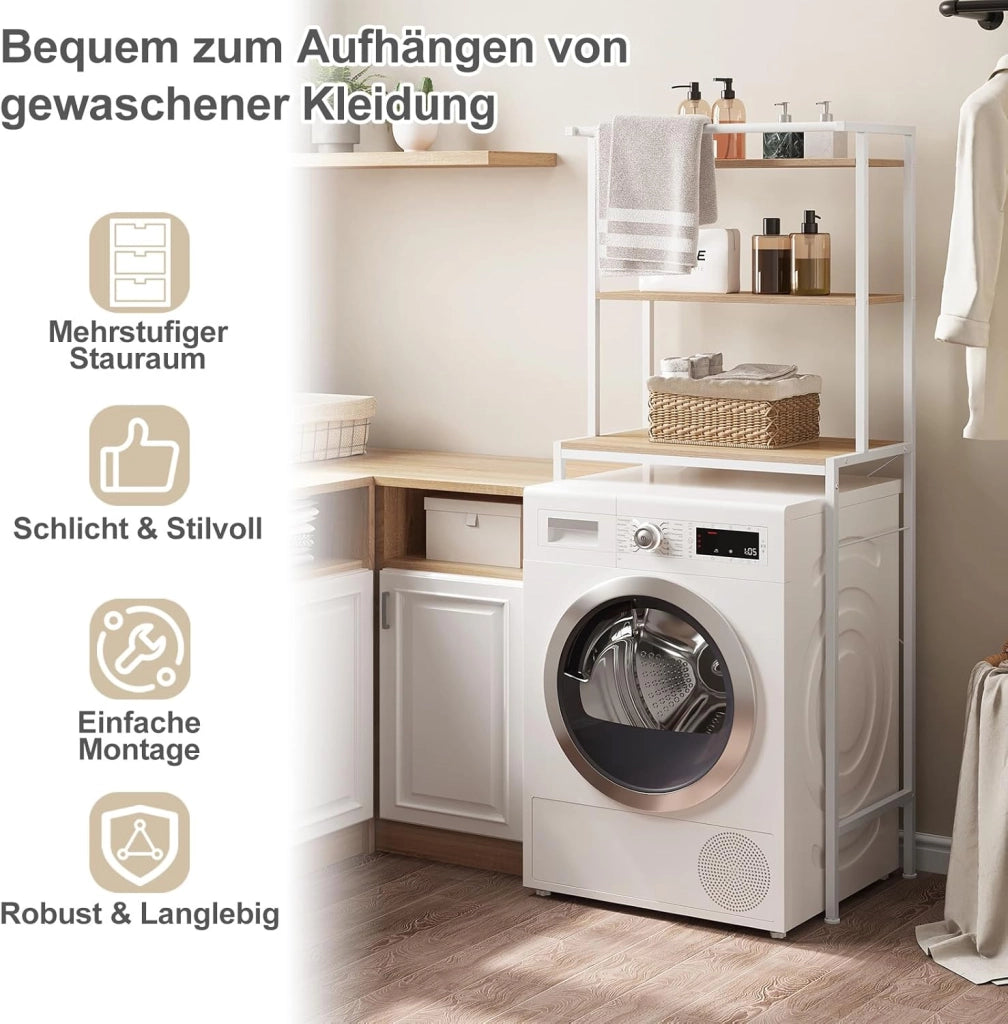 Scaffale sopra Lavatrice a 3 Livelli, Mobile sopra WC Autoportante con Asta di Sospensione, per Bagno o Lavanderia, Rovere Chiaro e Bianco, 67x40x162 cm
