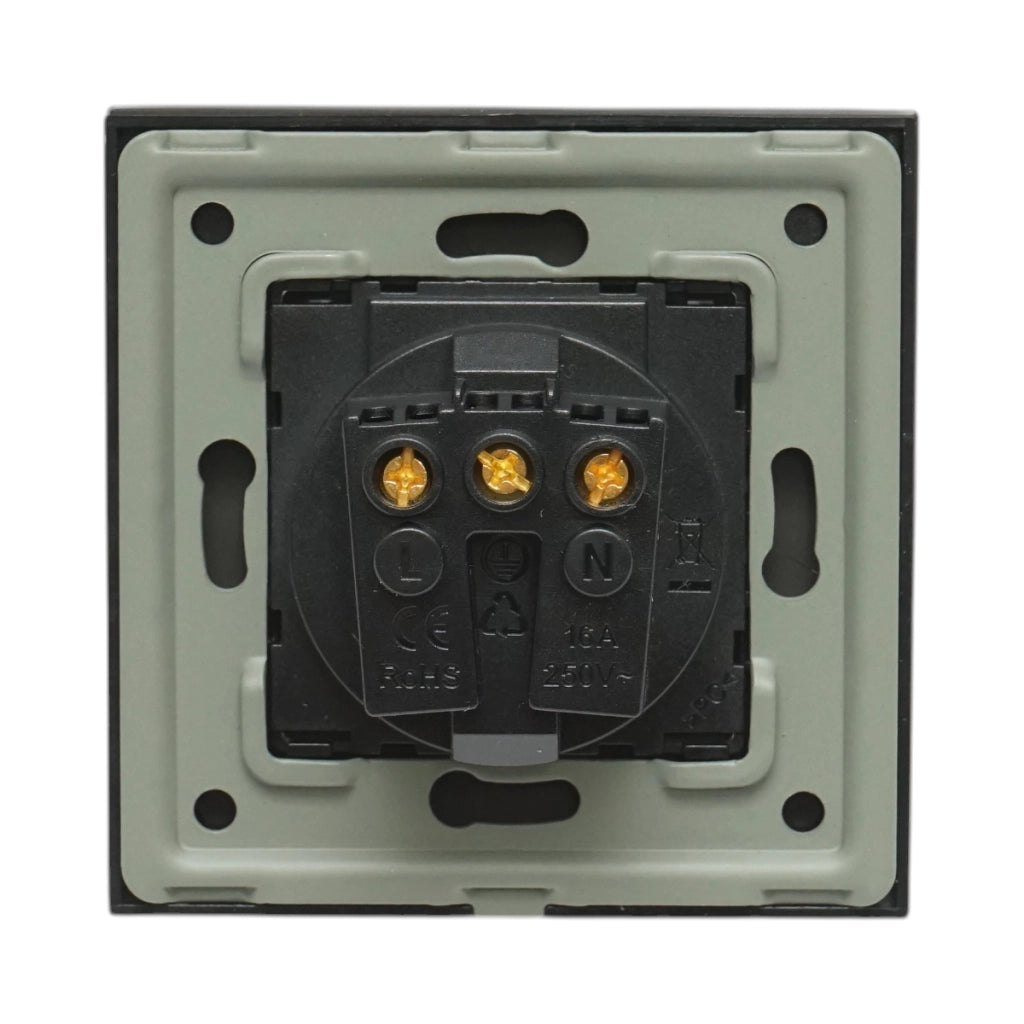 Presa schuko nera 220V, 16A, coperchio trasparente, cornice in vetro 86x86x34mm