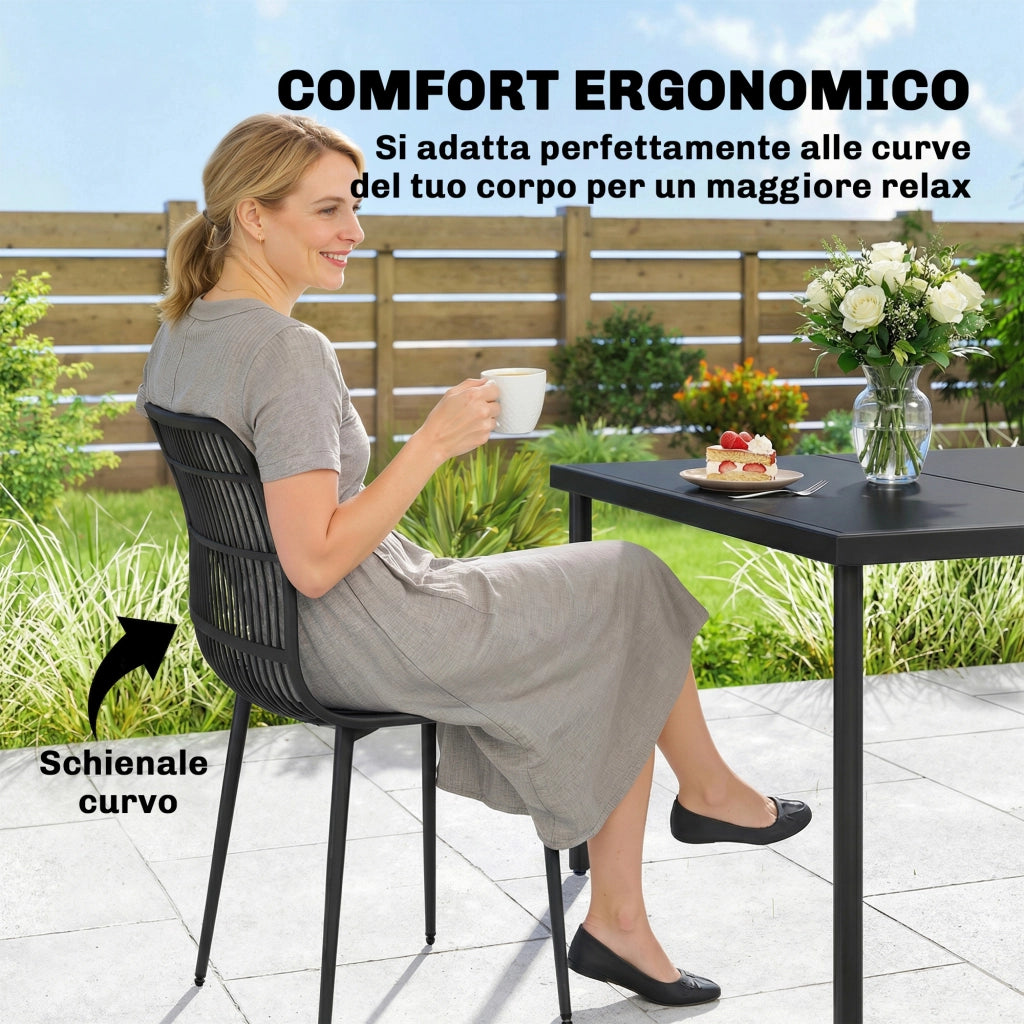 Set 4 Pezzi Sedie da Pranzo per Esterni 46x51x84,5 cm con Schienale Fessurato in Metallo e PP Nero