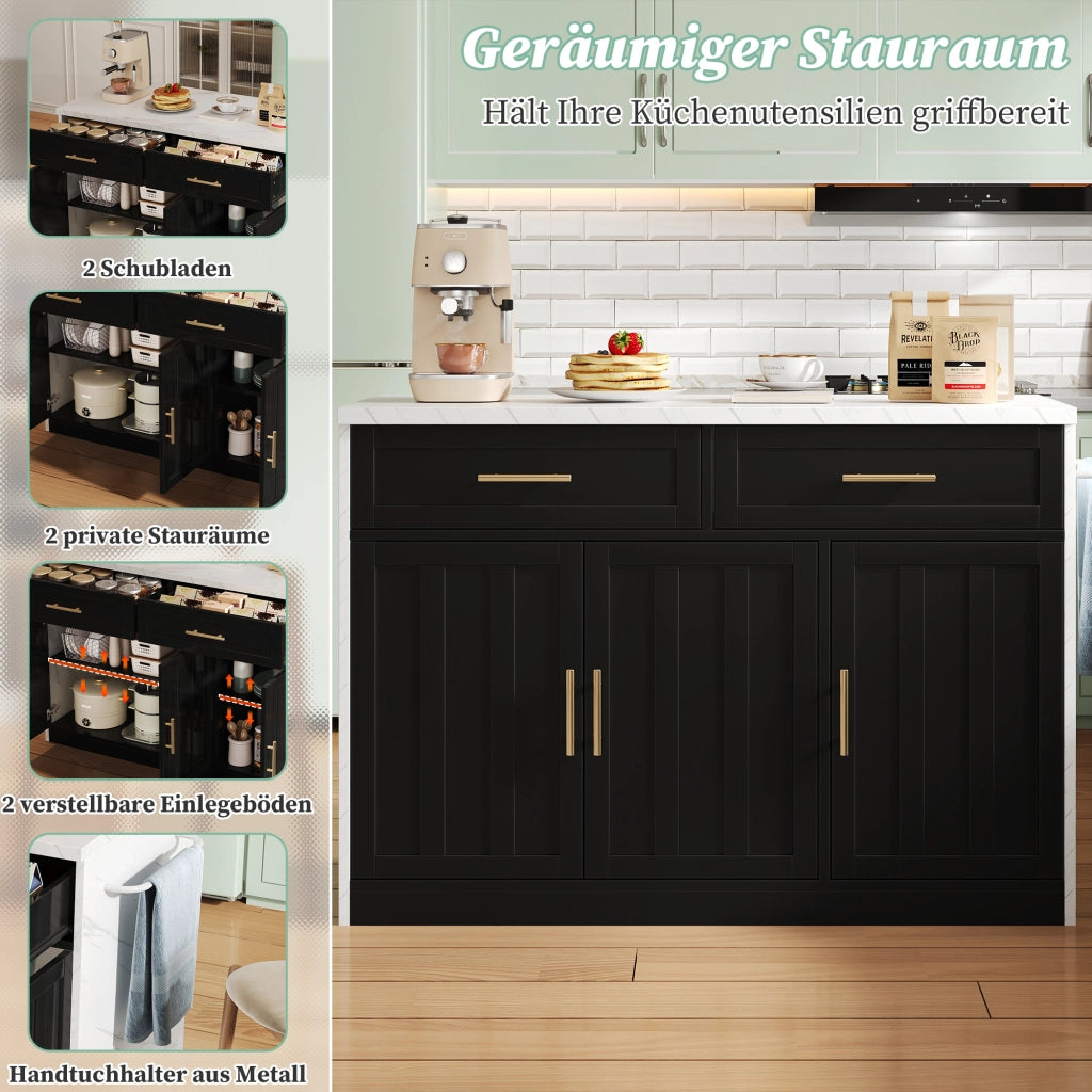 Isola da cucina con piano 120x60 cm; prese e USB; vani regolabili e zona bar; nero; 120x60x91 cm
