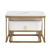 Set di Tavolini da Salotto Impilabili in Marmo Lucido con Dettagli Dorati e Cassetti, 60x60x45 cm + 50x50x34 cm, Bianco