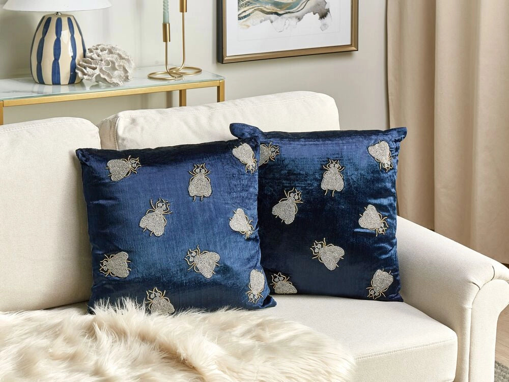 Set di 2 cuscini assortiti con ricamo floreale in velluto blu navi 45 x 45 cm sfoderabile con imbottitura