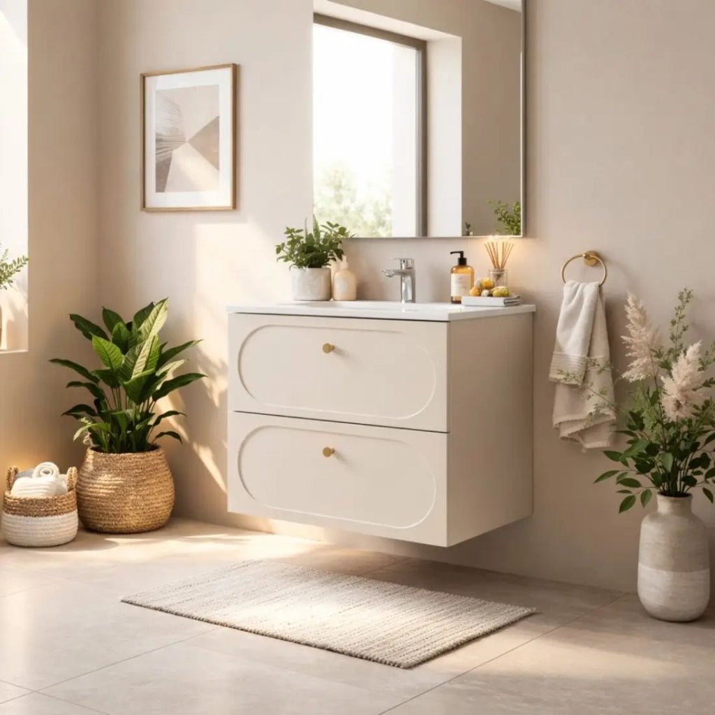 Set da bagno TORNADO: mobiletto beige sotto lavabo 60cm + lavabo incassato bianco
