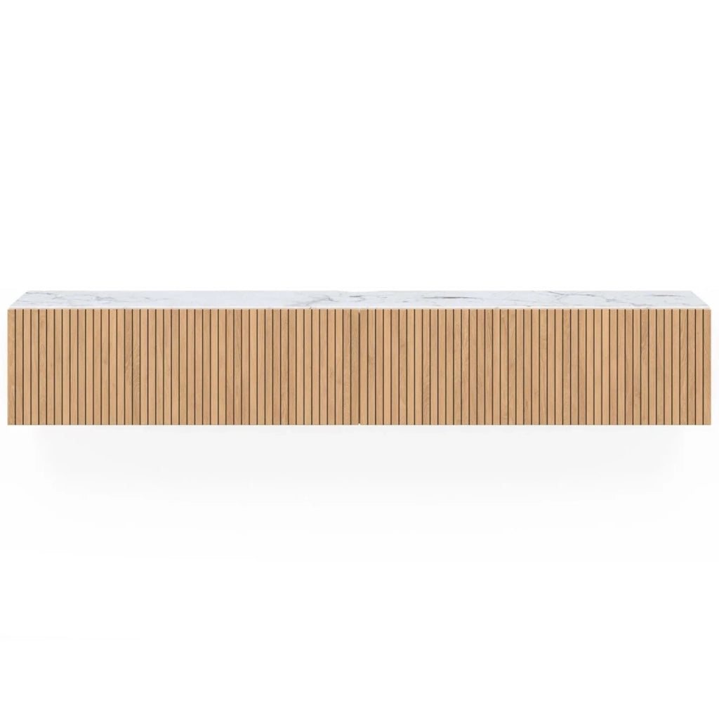 IDMarket - Mobile TV sospeso JULIETTE 180 cm con piano effetto marmo e doghe in legno color rovere