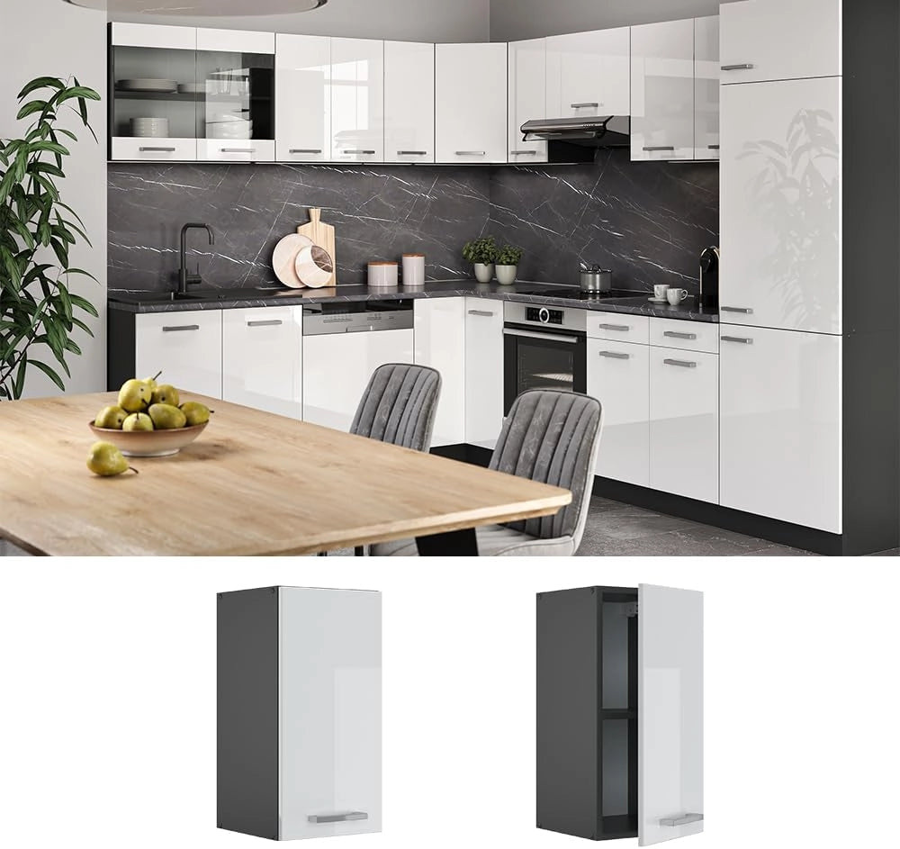 Pensile da cucina R-Line, Bianco lucido, 30 cm, per la libera combinazione all'interno di sistemi cucina modulari
