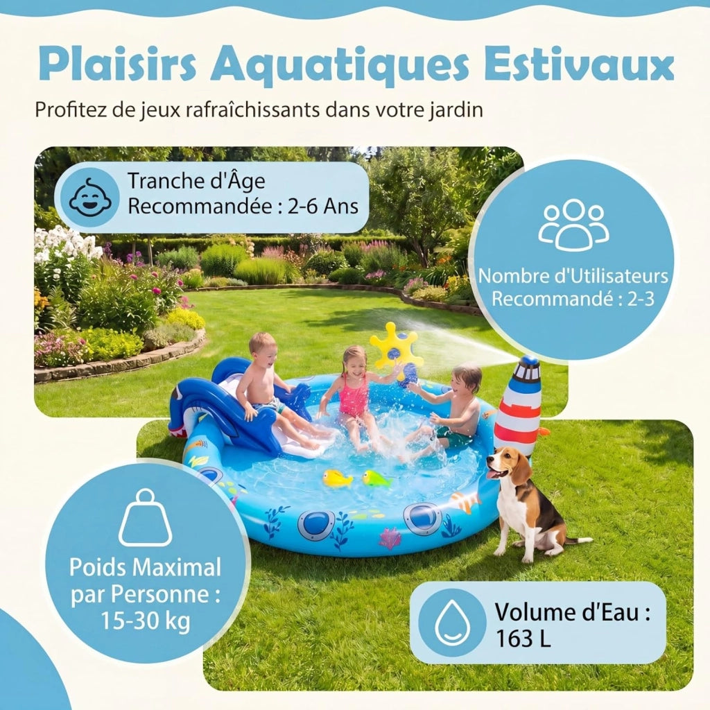 Piscina Gonfiabile Bambini, Parco Giochi Acquatico a Tema Marino con Scivolo, Irrigatore, Timone, 2 Pesci Giocattolo, Retino e 2 Toppe di Riparazione per Bambini 2-6 Anni, 188 X 153 X 63 CM
