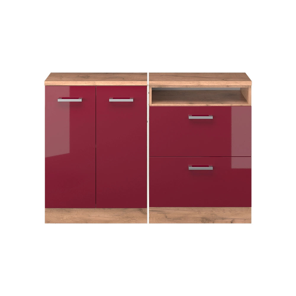 Mobile cucina sottotetto R-Line Rosso lucido/Rovere dorato 120 cm Set di 2 carcasse armadio profondità 60 cm Vicco
