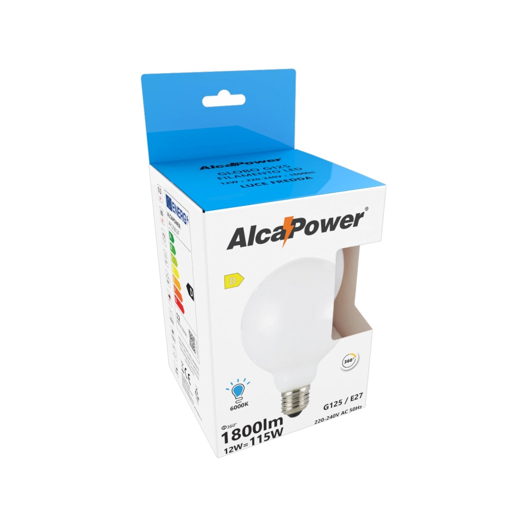 Alcapower Lampadina LED Globo G125 Filamento Vetro Bianco 12W E27 1800lm 6000K Luce Fredda 360° Classe Energetica D Alta Efficienza 25000 Ore