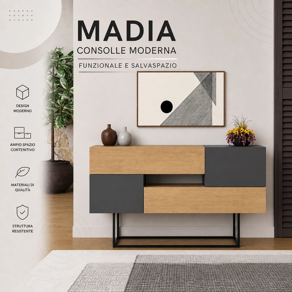 Madia Consolle Moderna 145 cm con 2 Ante 2 Cassetti Quercia e Antracite