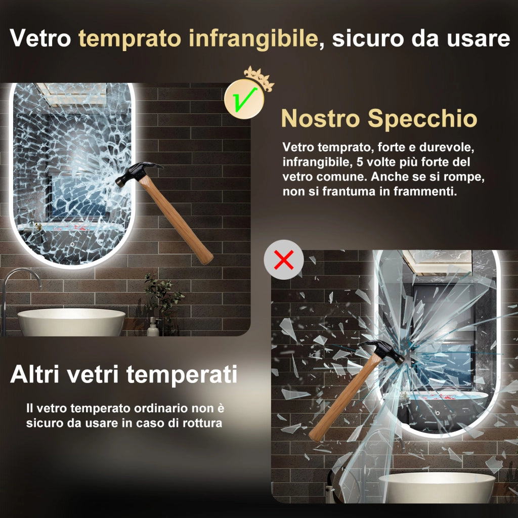 specchio rettangolare 50x90 cm con luce led antiappannamento e touch
