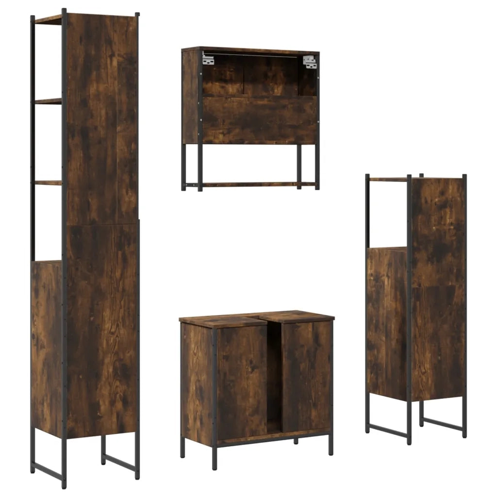 Set Mobili da Bagno | Armadio da bagno 4 pz Rovere Fumo in Legno Multistrato