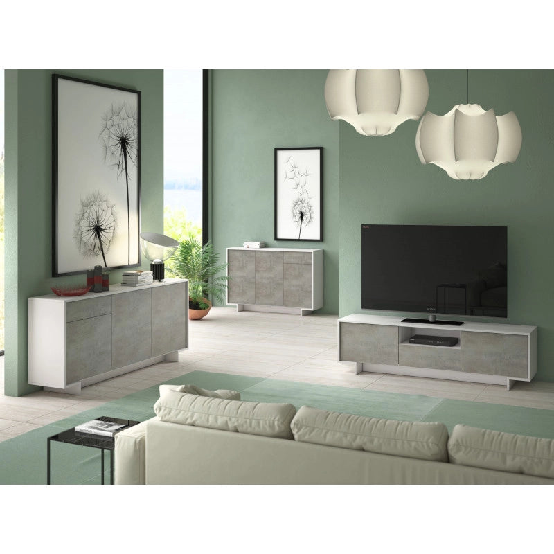 Madia Frame Slim 3 ante con cassetto push to open bianco e cemento 134x35x87 cm - Terraneo