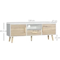 Mobile TV Basso per TV max 46" con Ripiano Aperto, Cassetto e 2 Armadietti, in Truciolato e Pino, 140x40x55.3 cm