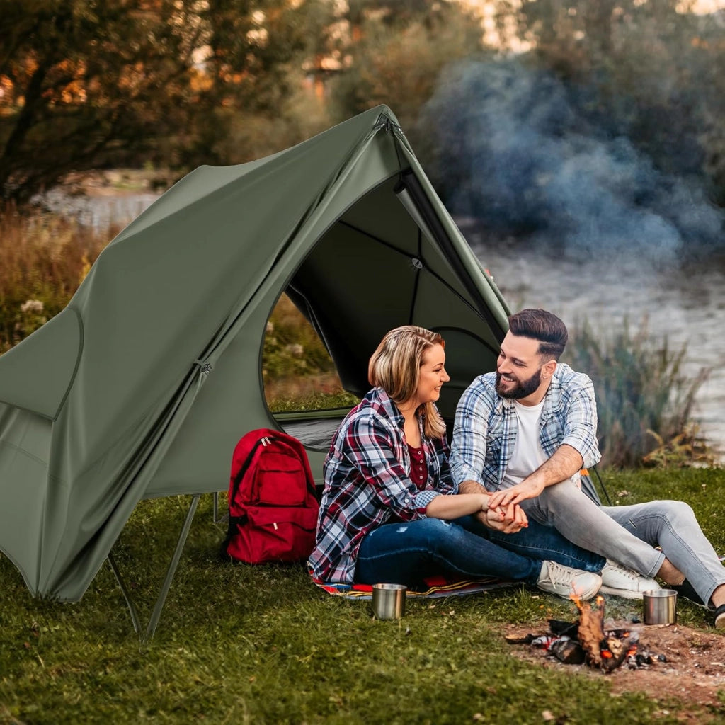 Tenda da Campeggio per 2 Persone, Tenda Impermeabile e Pieghevole con Tenda Pop-up, Letto da Campeggio, Borsa con Ruote, Telo Antipioggia, 2 Porte a Rete e Finestre per Spiaggia e Campeggio