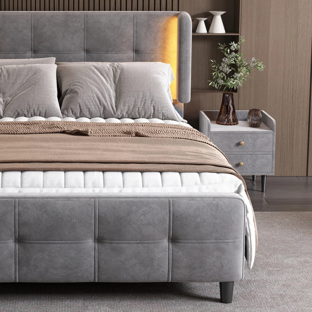 Letto Matrimoniale 140 x 200 cm - LED Regolabile e Testiera Regolabile - in Velluto - Grigio