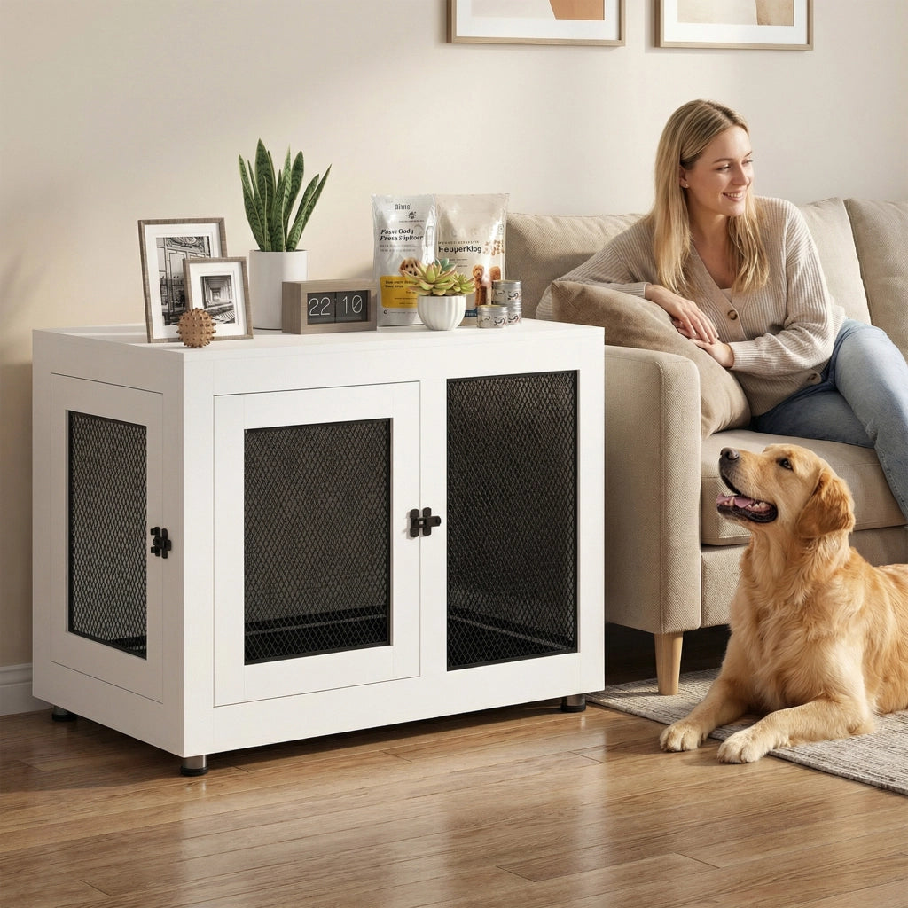 Gabbia per Cani Rialzata con Cuscino Rimovibile ¨C Xylo ¨C Acciaio Nero e Bianco 94x60x71,5 cm