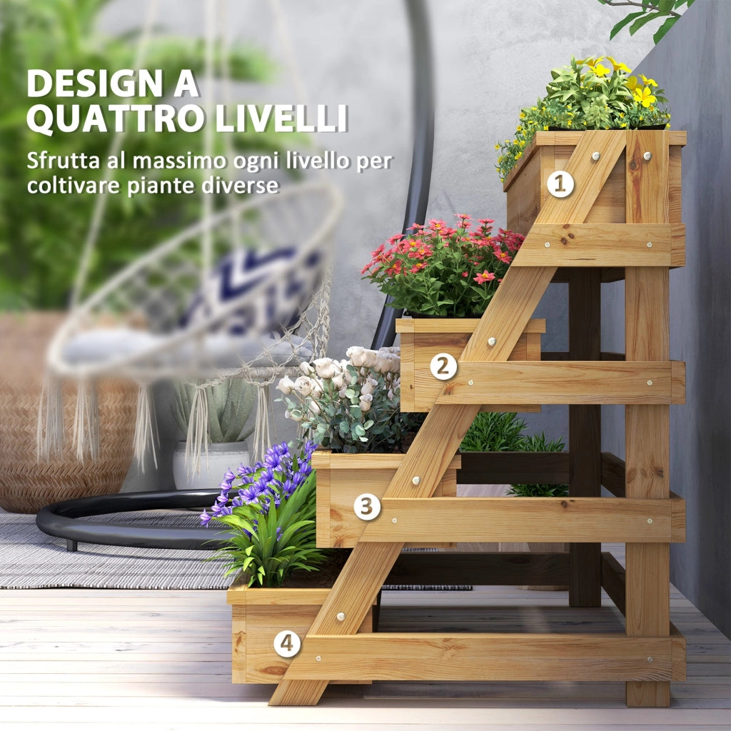 Fioriera Rialzata a 4 Livelli 75x57x60,5 cm con Fori di Drenaggio e Tessuto non Tessuto in Legno di Abete