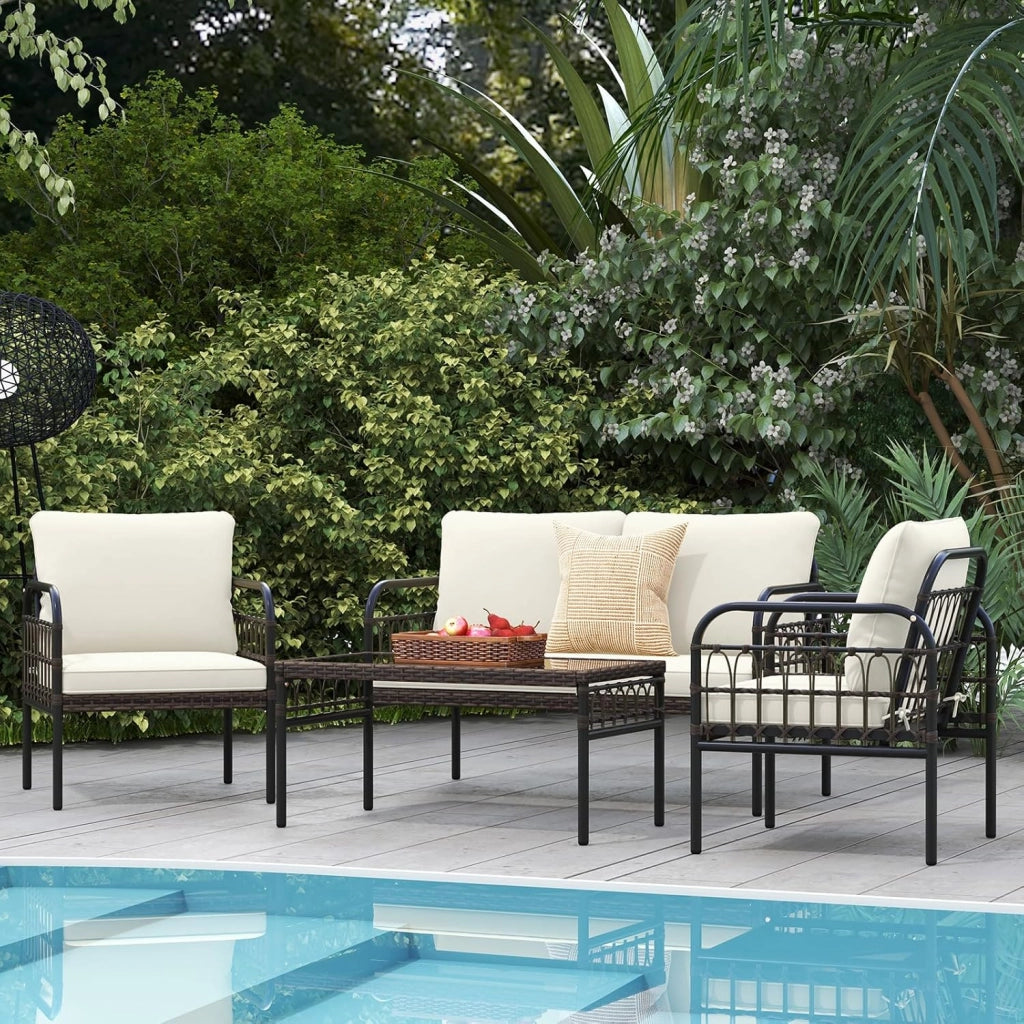 Set di mobili da giardino per esterni, set di mobili da giardino, in rattan, per 4 persone, tavolo 2 sedie, con cuscino, per balcone, piccolo balcone, set da giardino