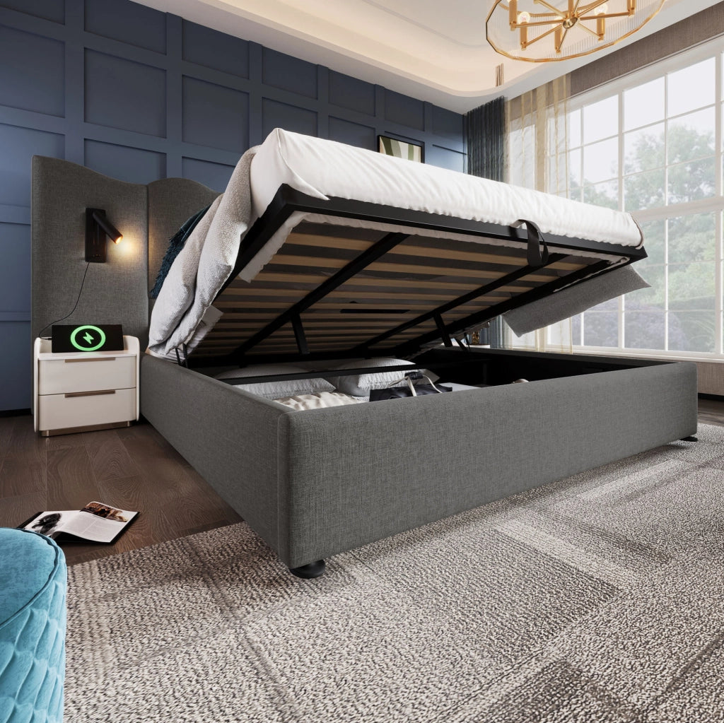 Letto imbottito 180x200 cm con contenitore; lampada da lettura e USB-C in lino grigio